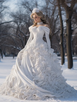 雪堆砌成的真实美丽少女雕像的傍晚公园景观