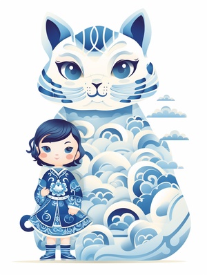 Chinese Little Girl and Giant Cat: A Fusion of Traditional Art and Cartoon Illustration