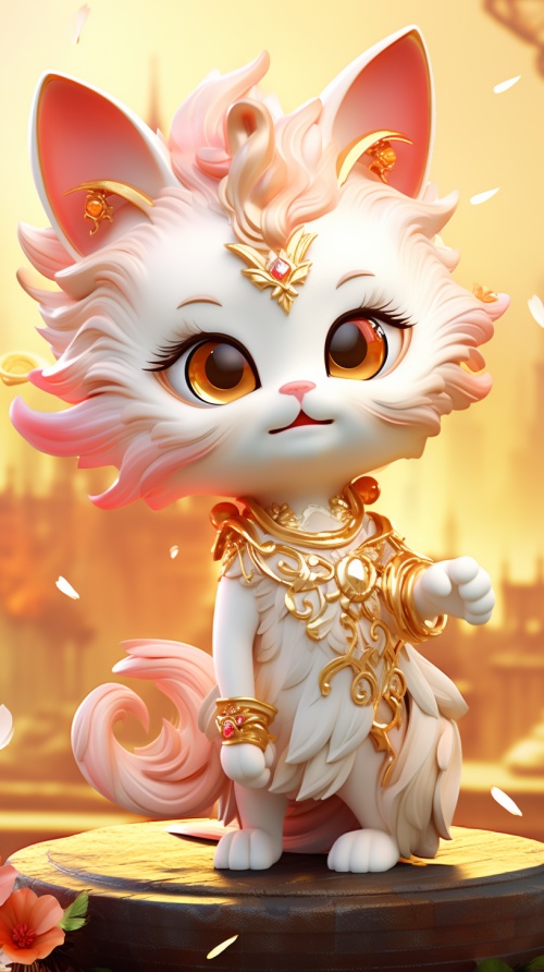 3D，中国风，genshin impact，生成一个吉祥物麒麟，皮克斯动画，青云围绕，金色的装饰物，可爱为主，比较慈善，来到人间，和猫咪过春节