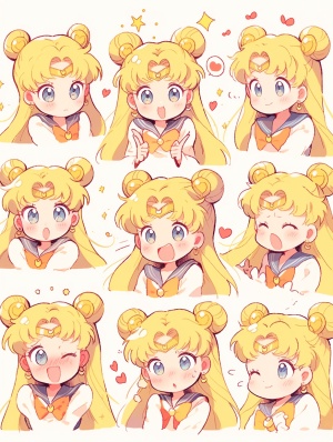 Sailor Moon, big eyes, cute round face, full body, greeting movements, happy expression, playful pose, soft lighting, Kawaii, Q version, white background, expression pack, six emoticons, expression Symbol table, various postures and expressions, different emotions, various poss andexpressions， ar 3:4 niji 5 s 250