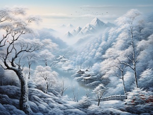 中国冬季风景在森林中的冬季绘画，在壮观的背景下，青色和青铜色，亚洲风格，露丝·桑德森，凯雷姆·贝特，山区景观，详细的背景