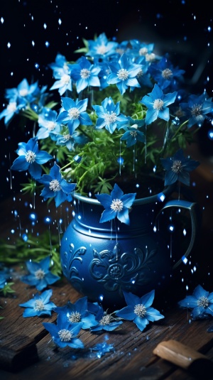 一盆蓝星花，上边有点水珠