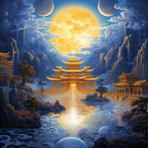 金色峡湾是一幅抽象绘画，顶部有月亮和星星，具有佛教艺术和建筑风格，greg hildebrandt，中国传统景观，超详细的插图，梦幻般的建筑，joong keun lee，天蓝色和蓝色