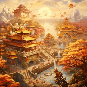 中国古代春节绘画：宏伟建筑、灯笼金光与过节小人