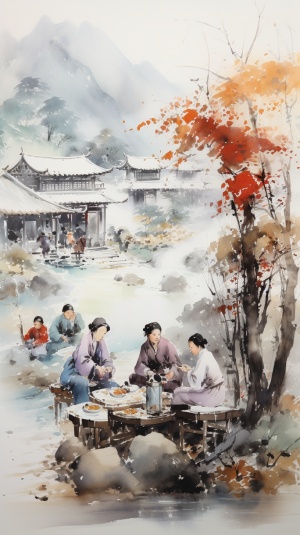 "Chinese Ink Painting", don't laugh at the farm wine, the wax wine is thick. On a good day, there are enough chickens and dolphins to keep tourists off limits.The mountains are dark and the scenery is pleasant.The flutes and drums follow the spring society, and the clothes are simple.From now on, as long as there is moonlight, I will knock on the door with my stick at night