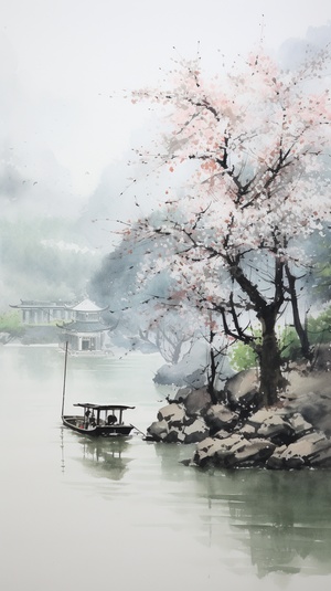 "Chinese Ink Painting", park the boat and tie it under the shade of the ancient trees on the shore; walk across the east side of the bridge with a cane and enjoy the spring scenery.The drizzle during the apricot blossom season kept falling as if it was deliberately trying to wet my clothes; the breeze blowing on my face no longer felt chilly, and the green wickers danced with the wind, making it particularly light.