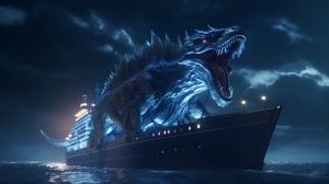 一艘游轮上用特锁链帮着一头巨大的恐龙夜间在海上航行 高清 写实主义 真实的 细节 8K超高清