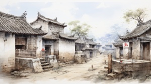 中国传统的砖瓦村庄 古朴 水墨画风