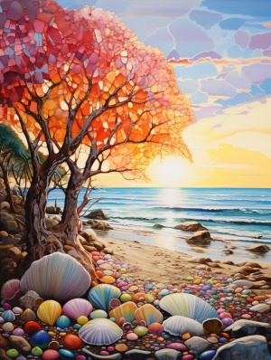 多巴胺海边风景图，贝壳，沙滩，树，色彩鲜艳，配色高级