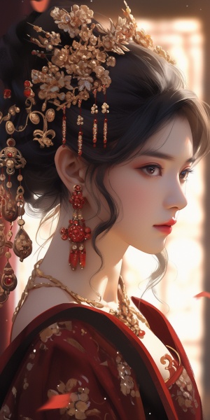 Ancient Beauty: Red and Gold Han Costume with Exquisite Accessories and Dreamlike Atmosphere