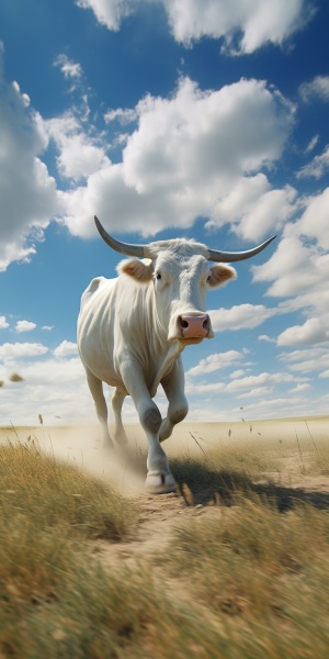 超级萌萌的牛头像拖着翻滚的白云，地上一望无际的草原，无重影，中景深 ，4k v 6.0 ar 9:16