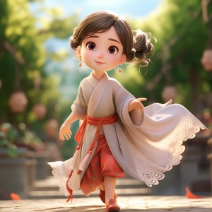 A super cute little girl in Chinese Hanfu Chinese Kung Fu Pose in pixar style, full body portrait, Bright Eyes, silk cloth, super detail, super realistic elegant, medium shot, Unreal Engine, octane render, 3D, 8K. VRAY super realistic. - :ar 3:4 niii 5