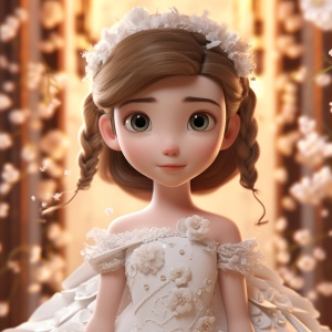 a cute little girl wearing white wedding dress, beautiful eyes, Pixar style, symmetrical centred sakura background, intricate details, Unreal Engine colourful octane render, HD ar 3:4 niji 5