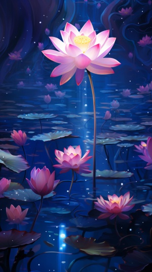 粉色的莲花在深蓝色的夜幕中绽放，周围点缀着淡紫色的花朵和金色的花蕊。花瓣上散发着微光，与星空相互映衬。