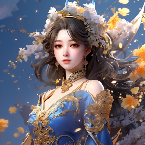 中国女士壁纸与蓝色背景的花朵，虚幻引擎5的风格，淡金色和金色，动漫风格，戏剧描绘，彩色动画，我不敢相信这是多么美丽，princesscore