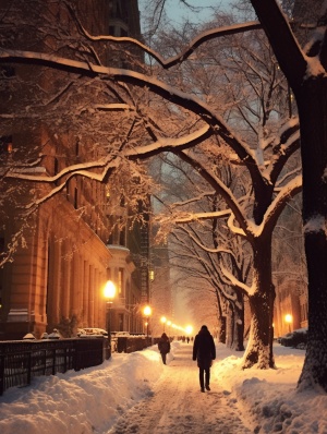 城市高楼，雪后的树上洒光芒，冬日美景尽显