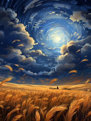 夜色麦田-非常明亮的月亮，多云的天空，麦田，星星