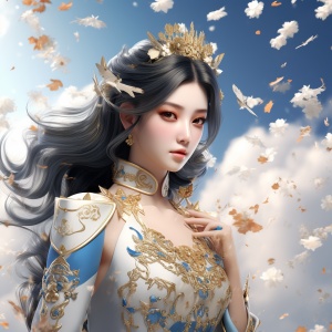 中国女士壁纸与蓝色背景的花朵，虚幻引擎5的风格，淡金色和金色，动漫风格，戏剧描绘，彩色动画，我不敢相信这是多么美丽，princesscore