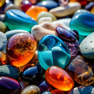 Many beautiful multicolored stones like glass are spread all over the beach. The beach has high-definition image quality.Very beautiful colorful pebbles , such as pink, green and blue. They are smooth, transparent, oval, crystal clear, solid and transparent. Dream Engine, Epic Rendering, Macro photography,Ultra HD, Ultra Wide Angle,shining, Romance, Fantasy, Art Station Trend, 4K 16K ar 2:3 v 4