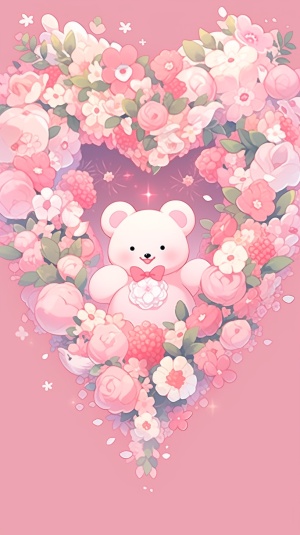 可爱的卡通形象，粉红色和白色为主色调，小熊，周围飘着心形和花朵。