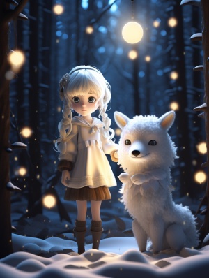 小女孩和一个小男孩，白色头发，头上一对鹿角，一起手捧月球，白色吊带裙，白色衬衫，流泪的眼睛，温柔的眼睛，站在大雪森林里，还有一只白色的狼在她身旁