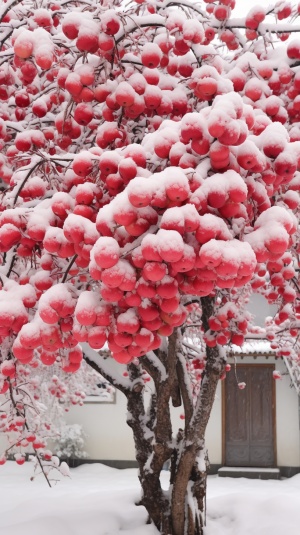 一颗苹果树挂满苹果，下雪，厚厚白雪，江南小镇，雪花，摄影