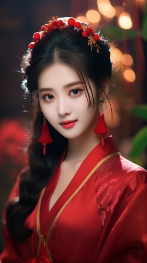 A beautiful girl from the Tang Dynasty in China, dressed in exquisite red Hanfu and New Year's clothing, with a festive New Year greeting and a charming smile. Movie production in high-definition, super fairy high-definition