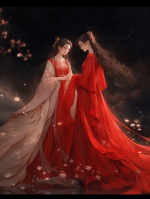 在开满鲜红彼岸花的路上，一位穿着红色汉服婚纱的美丽中国女子，她的婚纱汉服华丽而绚丽，挂饰闪烁，拖着2米长的裙摆，远景全身照，彼岸花开，虚化星空背景，由张雨熙使用尼康D850和尼康AF NIKKOR 70-200mm f2.8E FL ED VR镜头拍摄，正面透视，电影感，真实主义ar 3:4q 2s 100niji 5【高清增强】