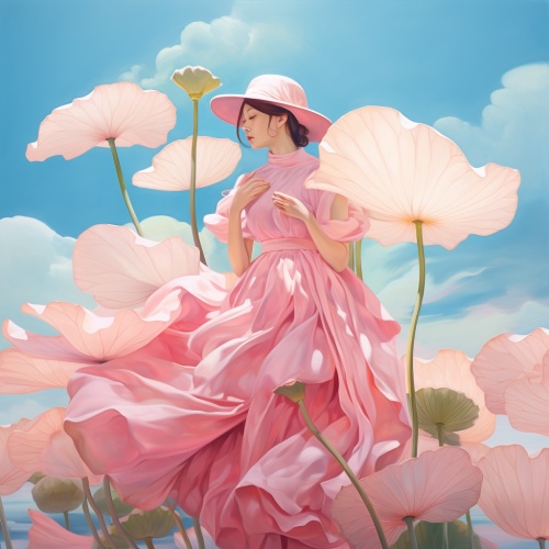宽大的荷叶 朵朵荷花 蓝色的天空 带着斗笠穿着粉色长衫的女孩 走在宽大的荷叶上 怀里抱着一捧粉色的荷花 开心的笑着