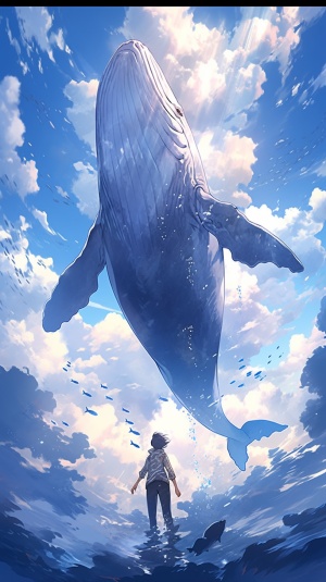 巨大鲸鱼与轻盈云朵的蓝天之舞