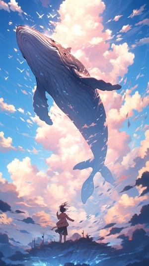 巨大鲸鱼与轻盈云朵的蓝天之舞