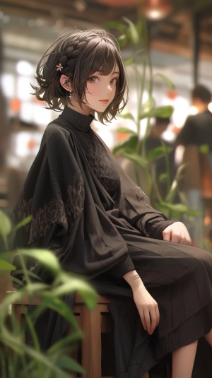 1girl,Short Curly hairstyle,((black Long sleeved ish tail skirt)),cape,side sitting on stool,confident high cold,(Not looking at the camera),photographic posing,indoors,plant,from the bottom up,Blur background with depth of field (8k, RAW photo, best quality, masterpiece:1.2),(realistic, photo-realistic:1.37),professional lighting,photon mapping,radiosity,physically-based rendering,Studio lighting,physically-based rendering,