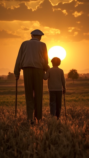 夕阳下的老爷爷和老奶奶相互搀扶的背影