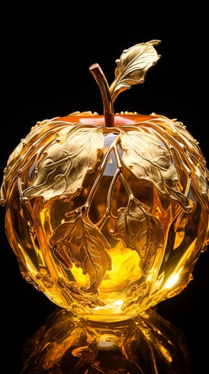 一个金黄色水晶做成的苹果，边缘颜色深一些向中间渐淡浅一些，近景，超高清，超分辨率，大师艺术作品