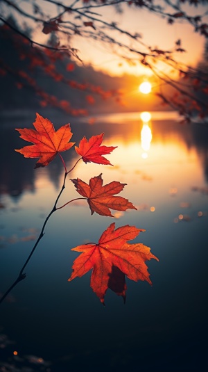 湖畔枫叶下的秋光艺术