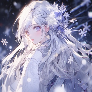 雪花，(((masterpiece))), (((best quality))), ((ultra-detailed)), (illustration),beautiful detailed sky ,night,stars,(1girl)((an extremely delicate and beautiful girl)),purple eyes,dramatic angle,(((full body))),cold face and white shirt,(((long white hair))),(red plum blossom),((winter)),(((snowflakes)))detailed cute anime face,cinmatic lighting,((red and white flowers)),hairs between eyes,light smile, young girl,(((Facing the lens))),(starry sky),messy hair,classic,refined rendering,solo,,,