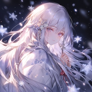 雪花，(((masterpiece))), (((best quality))), ((ultra-detailed)), (illustration),beautiful detailed sky ,night,stars,(1girl)((an extremely delicate and beautiful girl)),purple eyes,dramatic angle,(((full body))),cold face and white shirt,(((long white hair))),(red plum blossom),((winter)),(((snowflakes)))detailed cute anime face,cinmatic lighting,((red and white flowers)),hairs between eyes,light smile, young girl,(((Facing the lens))),(starry sky),messy hair,classic,refined rendering,solo,,,