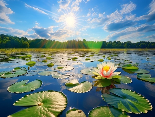 夏天早上的阳光五光十色，涟漪在平静莲花湖面上，超广角微镜头，波光粼粼，风和日丽阳光明媚，优美的画面，超高清，疯狂的细节，全景图，专业拍摄的，大师杰作