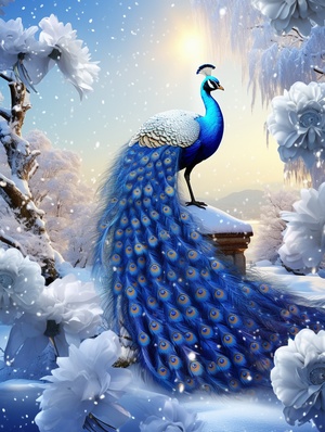 this is a beautiful winter snow scene, a beautiful golden peacocks shining feathers,beautiful jewelry adorned feathers,a big tree covered with white snow, The ground is covered with blue roses, the halo perspective is surreal, thephotography is bright, soft, the artistic conception is beautiful, and the ultrahigh definition picture is clear and fine,4k hd v 4 ar 2:3 v4