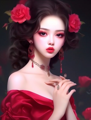 优雅女性脸娃娃，红色上衣，32K UHD风格