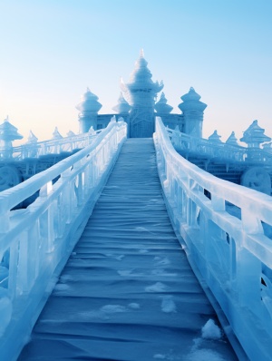 冰雕成的大桥，中国桥梁，透明磨砂式的冰，蓝光，广角