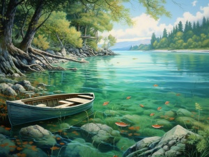 一山清水秀的乡村，明澈的湖泊，一条小木船，一鱼翁在钓鱼。