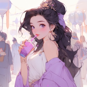 浅紫色公主风格美女在迪士尼游乐场喝奶茶