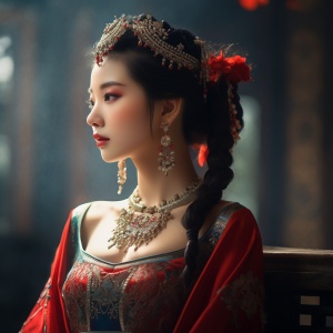 a close up of a woman wearing a red and blue dress, ancient chinese beauties, palace ， a girl in hanfu, wearing ancient chinese clothes, ancient chinese princess, inspired by Qiu Ying, beautiful character painting, chinese princess, ancient china art style, chinese empress, traditional beauty, inspired by Lan Ying, with ancient chinese aesthetic, traditional chinese niji 5 ar 3:4