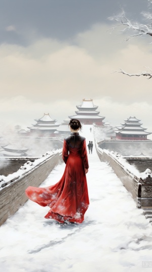 漫天大雪，故宫背景，一位身材婀娜多姿的倩影，无尽的孤独
