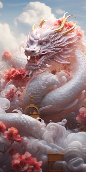 Chinese dragon sleeping on clouds, translucent glass, with pearlescent scales with subtle elements of fantasy and magical realism, zbrush, loong, ruby and gold style, anime aesthetics, furry art, red and white, elaborate, c4d rendering, super high detail, 3d, ultra fine detail, photo realistic chaos 20 ar 16:9 style raw stylize 1000