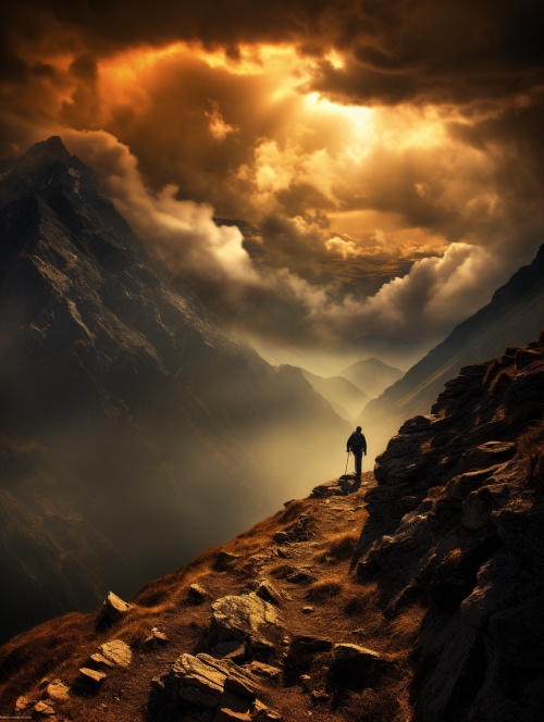 一张风景截图，显示一些人在山上徒步旅行，以戏剧性的大气视角的风格，美联社照片，mingei，浅黑和青铜，旅行，大气云，hdr