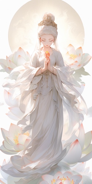 一身白袍，神情慈悲，观音菩萨，戴着璎珞，白昼，身后一片荷花，眼神温柔