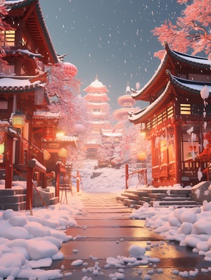 It's snowing. The ground is snow,3d render of big and beautiful asia town scene ohpaBnЛo0T0p0B0nka,in the style of tom whalen, spectacular backdrops, light orange and red, detailed backgrounds,mythological themes, imaginative prison scenes,32k uhd ar