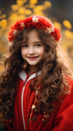 新年元素：微笑的甜美少女在花丛中绽放